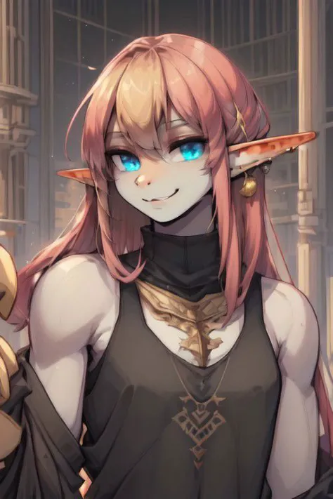 ASCII ((Lapanya)), human skintone, ((tall, muscular build, strong jaw)), ((teal irises)):1.2, adult, ((pink hair with blonde undertones)), ((center parted hair, two side up, straight hair, long hair, no bangs)):1.2, ((cocky expression, smiling)), pointy ears, black tank-top, ((3/4 view)), solo, close-up, ((flat chest, no breasts)):1.2, ((snout nose, medium nose, wedge shaped nose, small nostrils, nonhuman nose, straight septum, no philtrum)), ((3 fingers 1 thumb)):1.2, fully clothed, clean lines, highly detailed hands, highly detailed face, detailed nose, high quality, best quality, distinct fingers, snapshot, rating: safe