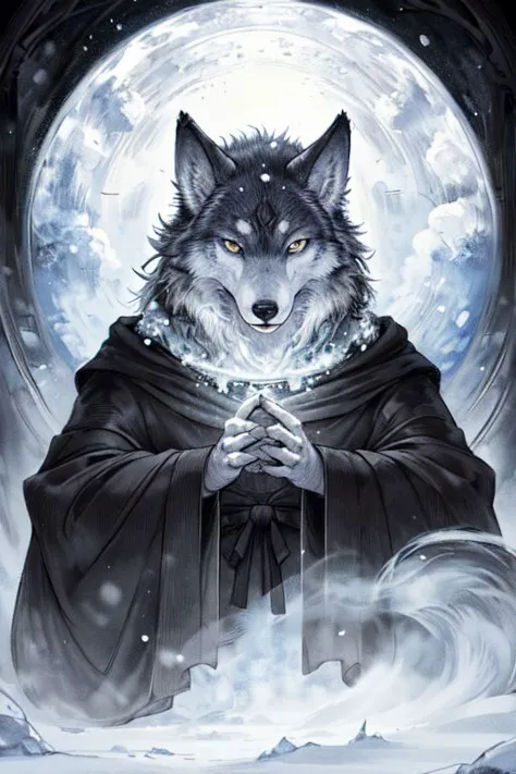 Yoshitaka Amano, 1man, 8k portrait of a wolf anthro, wolf furry, arctic fur as white as snow, mage, black robes, intricate, high...