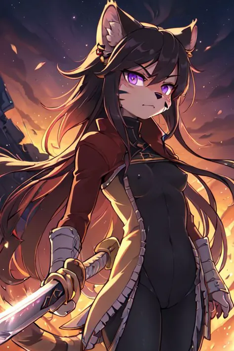 a woman with long hair and a cat ears holding a sword