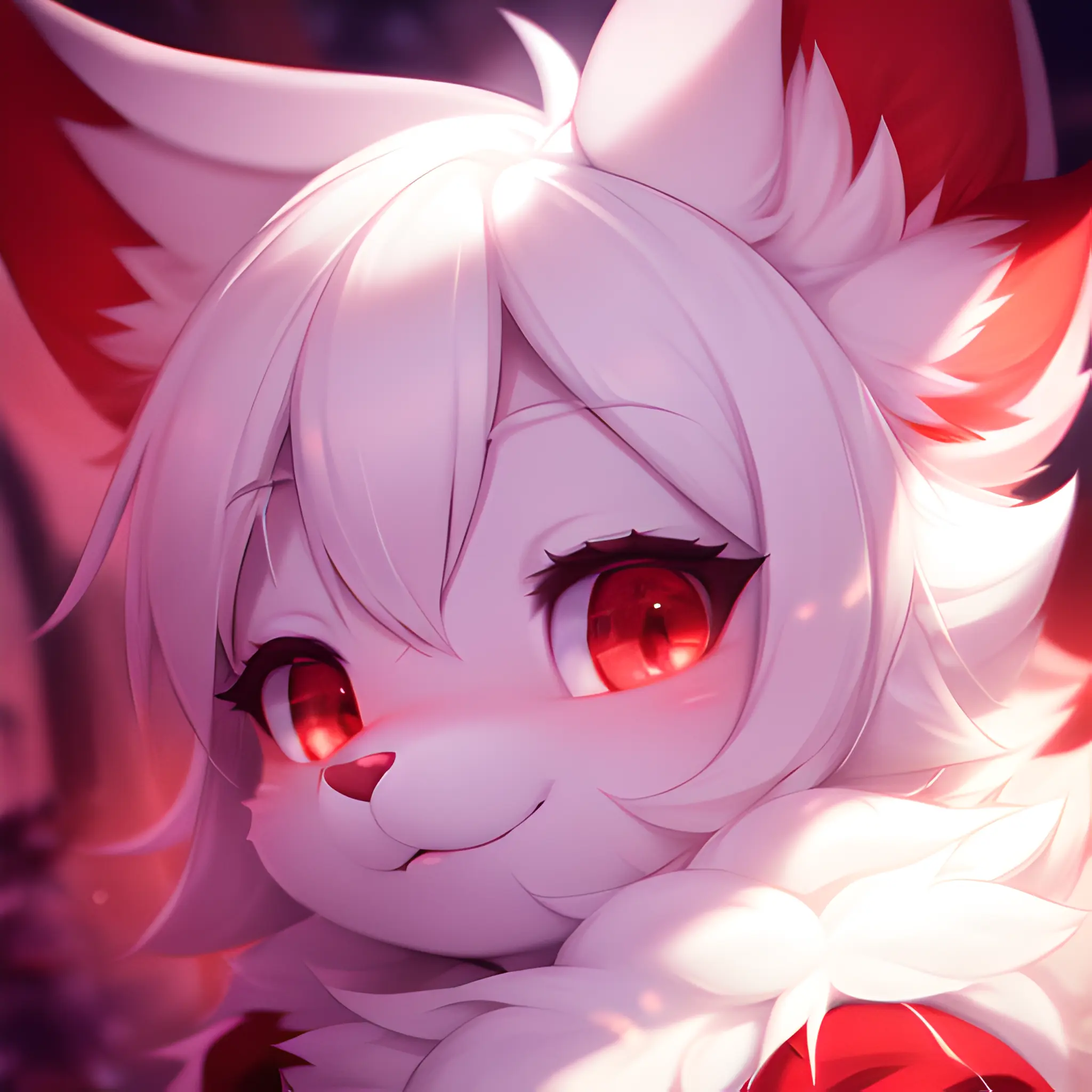 furry, white fur, ultra cute face, red elements on fur, beautiful lights and shadows, ambient light, ultra detailed fur, volumetric light