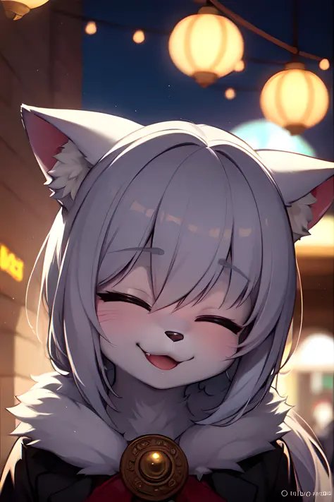 (furry:1.3), focus on face, happy, closed eyes, beautiful lights and shadows