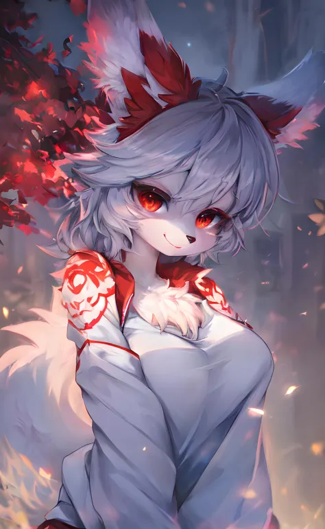 furry, white fur, ultra cute face, red elements on fur, glowing t-shrt, beautiful lights and shadows, ambient light, ultra detai...
