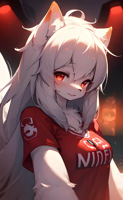 furry, white fur, ultra cute face, red elements on fur, breasts, glowing t-shirt, beautiful lights and shadows, ambient light, u...