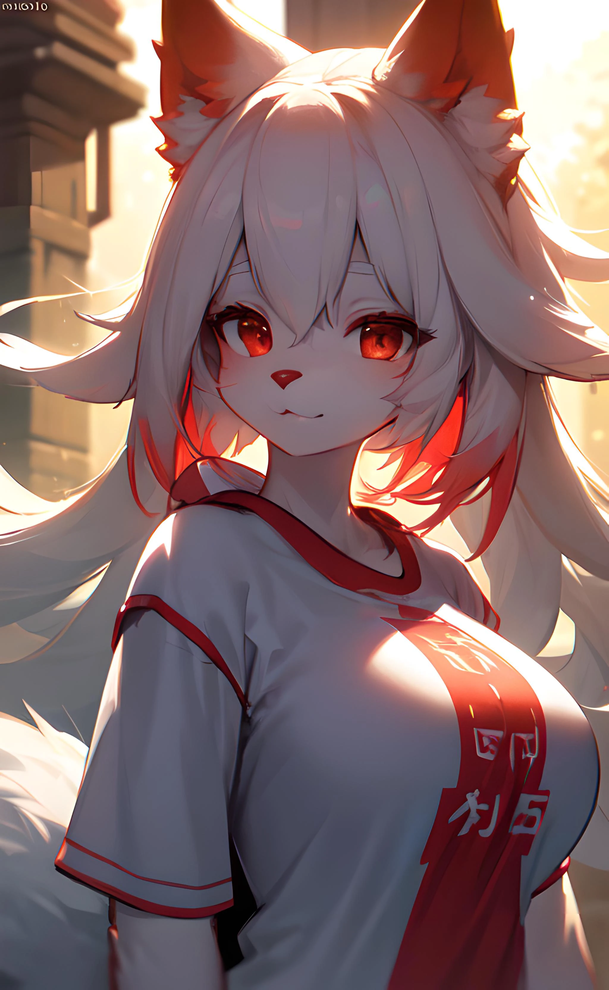 furry, white fur, ultra cute face, red elements on fur, breasts, glowing t-shirt, beautiful lights and shadows, ambient light, ultra detailed fur, volumetric light