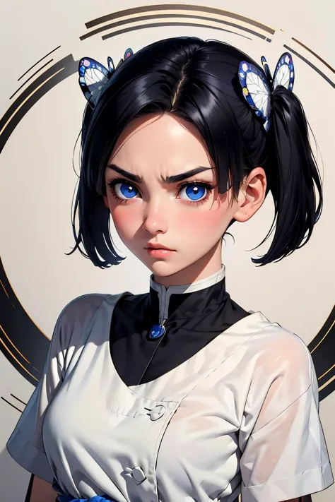 anime girl with blue eyes and black hair in front of a white wall