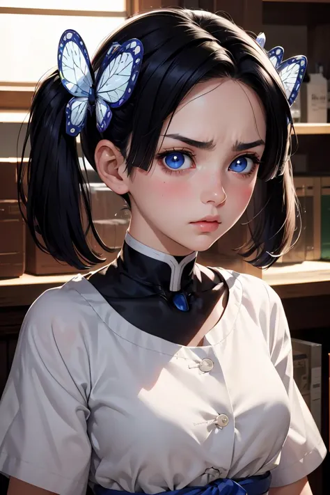 anime girl with blue eyes and a bow tie in a library