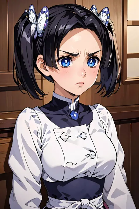 anime girl with blue eyes and a white shirt and black hair