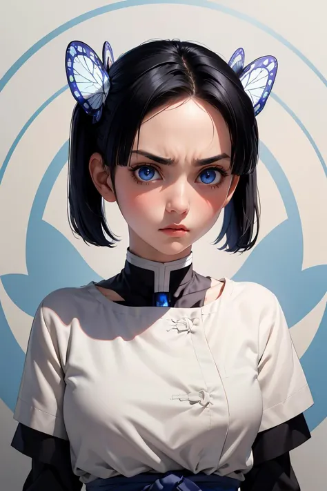 anime girl with blue eyes and black hair wearing a white shirt