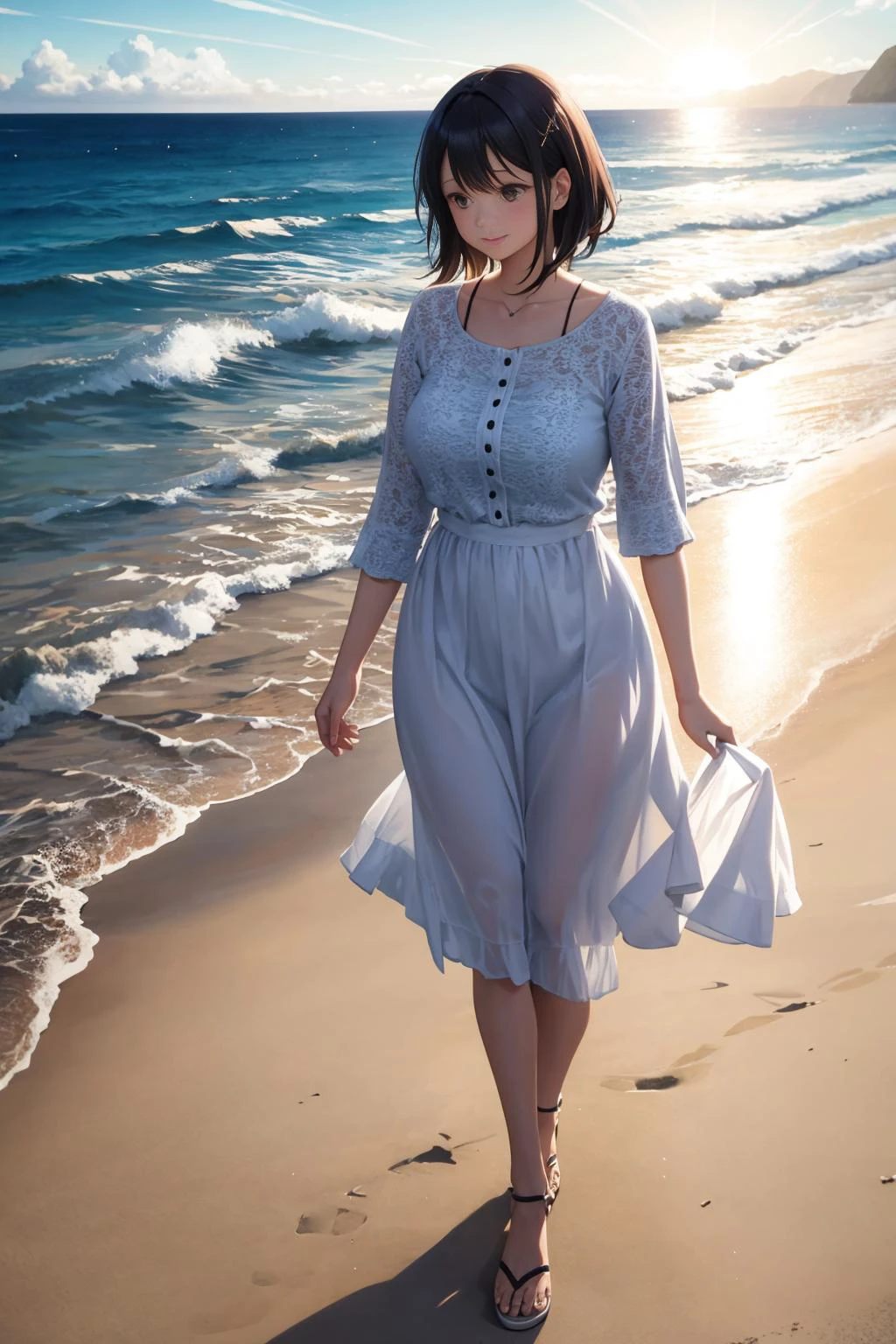Женщина наслаждается прогулкой по пляжу. Возраст 35. солнечный свет отражается в океане. объемный свет. отражение, преломление.