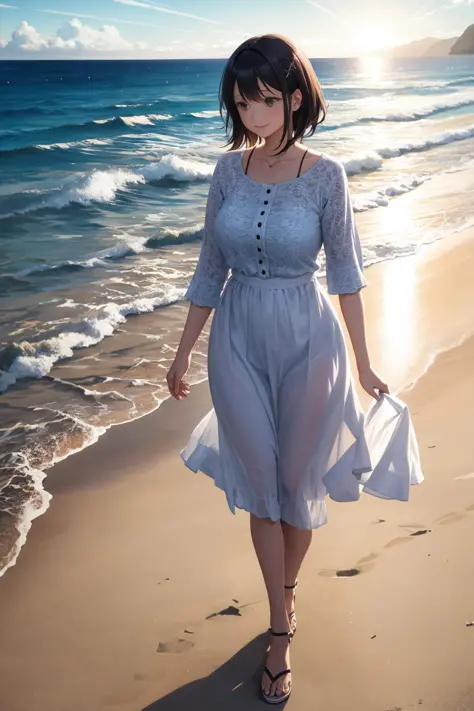 woman enjoying a stroll the beach. age 35. sunlight reflecting on the ocean. volumetric light. reflection, refraction.