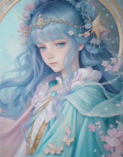 (Cinematic Photo:1.3) of (Realistic:1.3),(Cosy:1.3) Princess girl with wing, Blue, Pastel, glitter, dramatic, dreamy, pastel, Wa...