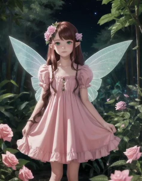 a close up of a girl in a pink dress standing in a garden