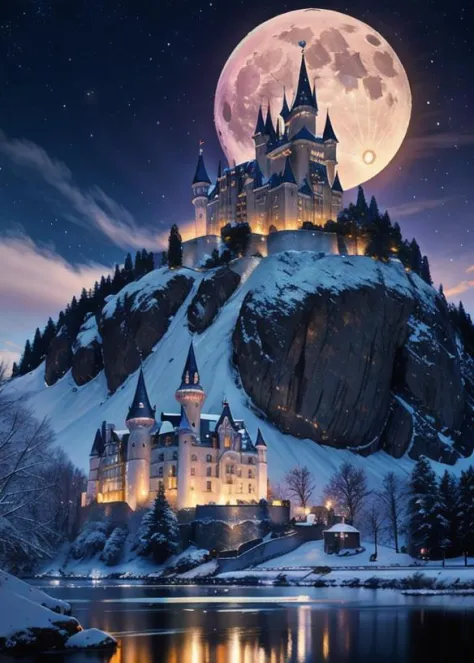 a woman queen ice, realistic photo of a castle on a hill with a full moon in the background, cgsociety, fantasy art, fantasy, fantasy, epic hyper-detailed masterpiece ultra-wide, cinematic still , glamour hyper shoot , bokeh, pre-raphaelite, photo, realist...