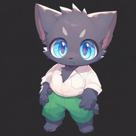 score_9, score_8_up, male, solo, full body, digital art, highly detailed, cat, green trousers, white shirt, no background, simple background, black background, standing posture, big eyes, large pupil, hands on thighs, look at viewer, school uniform, senior high school uniform, blue eyes, black fur, black body, furry, kemono, cute, anthro