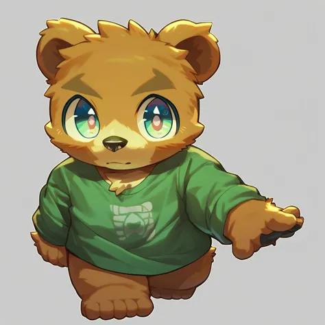 there is a cartoon bear with a green shirt on