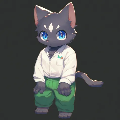 score_9, score_8_up, male, solo, full body, digital art, highly detailed, cat, green trousers, white shirt, no background, simple background, black background, standing posture, big eyes, large pupil, hands on thighs, look at viewer, school uniform, senior high school uniform, blue eyes, black fur, black body, furry, kemono, cute, anthro