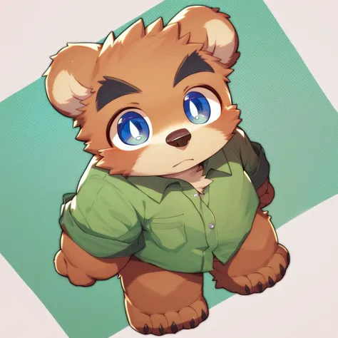 score_9, score_8_up, male, solo, full body, digital art, highly detailed, bear, green shirt, big eyes, large pupil, look at viewer, furry, kemono, cute, anthro