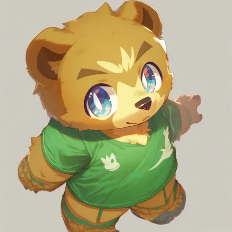 score_9, score_8_up, male, solo, full body, digital art, highly detailed, bear, green shirt, big eyes, large pupil, look at viewer, furry, kemono, cute, anthro