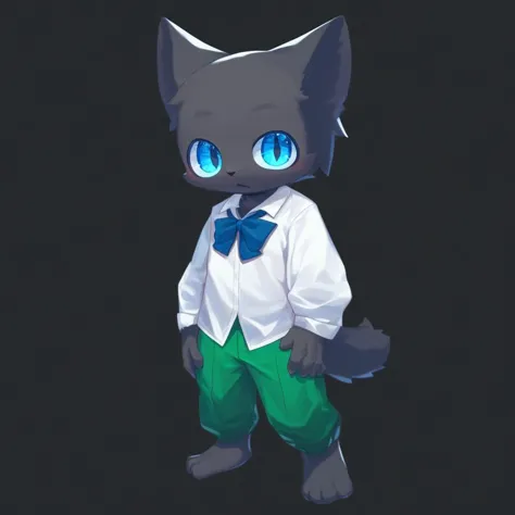 score_9, score_8_up, male, solo, full body, digital art, highly detailed, cat, green trousers, white shirt, no background, simple background, black background, standing posture, big eyes, large pupil, hands on thighs, look at viewer, school uniform, senior high school uniform, blue eyes, black fur, black body, furry, kemono, cute, anthro