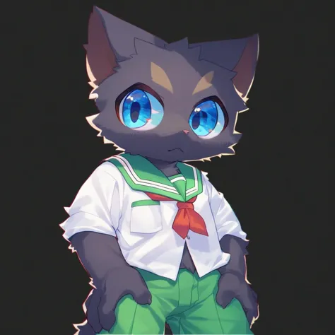 score_9, score_8_up, male, solo, full body, digital art, highly detailed, cat, green trousers, white shirt, no background, simple background, black background, standing posture, big eyes, large pupil, hands on thighs, look at viewer, school uniform, senior high school uniform, blue eyes, black fur, black body, furry, kemono, cute, anthro