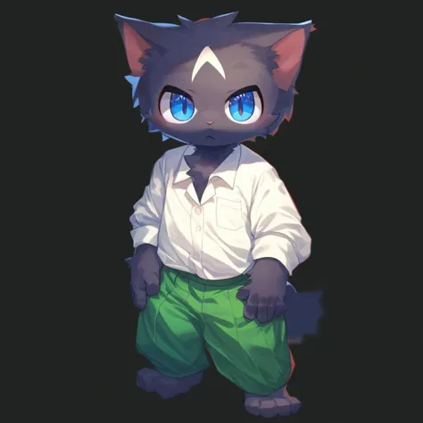 anime character of a cat with blue eyes and green pants