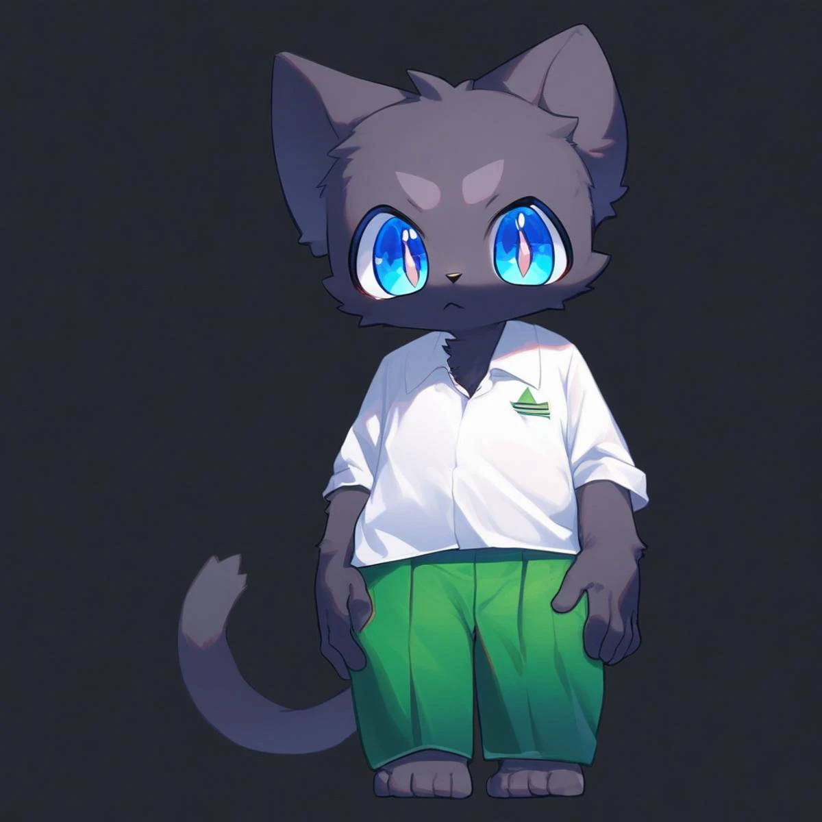 anime character of a cat with blue eyes and green pants