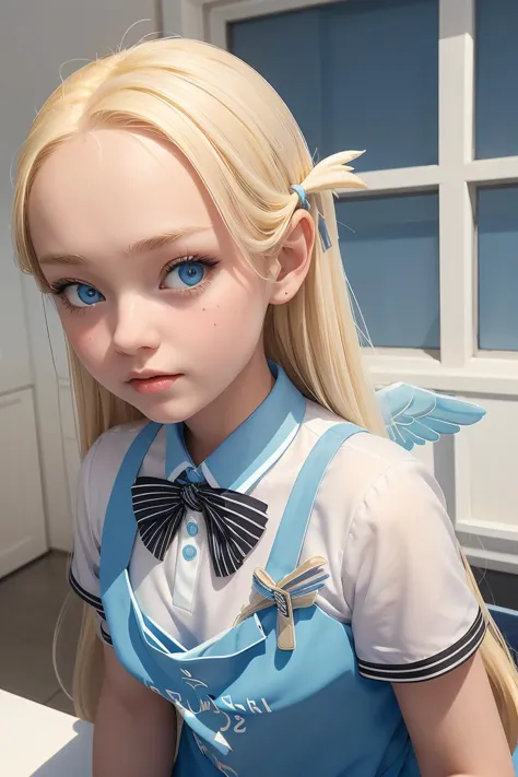 a close up of a doll with blonde hair and blue eyes