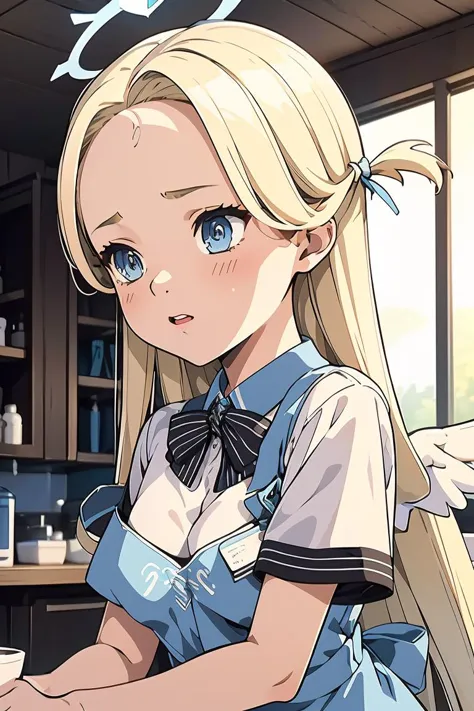 anime girl with long blonde hair and blue eyes sitting at a desk