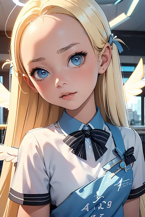 anime girl with long blonde hair and blue eyes in a school uniform