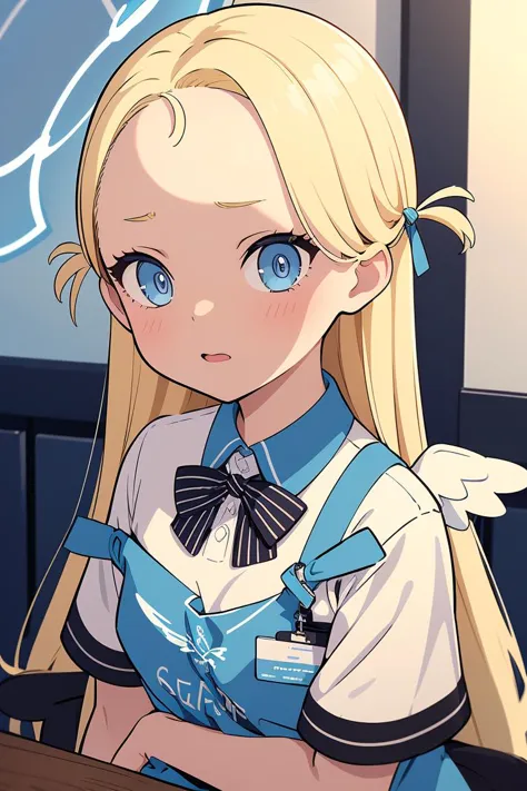 anime girl with blonde hair and blue eyes sitting at a table