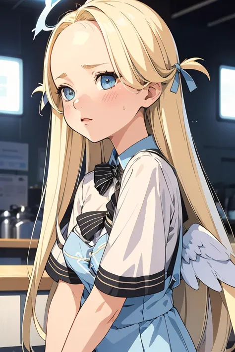 anime girl with long blonde hair and blue eyes in a school uniform