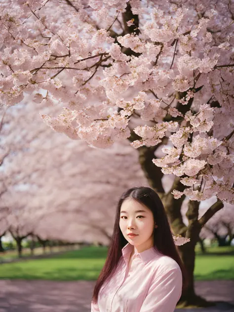 photo of woman standing under cherry blossom trees, high quality photograph, bokeh, analog, depth of field, portra 800 film, <lora:analogdiffusion_Lora300:1>