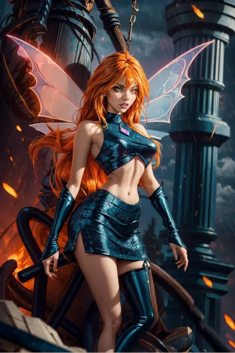 (ultra realistic,32k, masterpiece:1.2),(high detailed skin:1.1),( high quality:1.1),
<lora:WinxClubDarkBloom:0.8>Dark Bloom,guilt, orange hair, very long hair, yellow eyes, boots, black skirt, gloves, black shirt, wings, sparkling clothing, thighhighs, stormcaster's haven, crackling thunderstorms, seafaring vessels, refuge of storm conjurers, blurry background,, (huge breast,large breast:1.1),fighting stance pose<lora:add_detail:0.99>,
(neon pastel light:1.1),