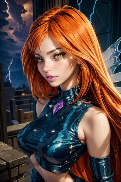 (ultra realistic,32k, masterpiece:1.2),(high detailed skin:1.1),( high quality:1.1),
Dark Bloom,full-face blush, orange hair, very long hair, yellow eyes, boots, black skirt, gloves, black shirt, wings, sparkling clothing, thighhighs, stormcaller's roost, thunderous skies, lightning strikes, perch of storm conjurers, blurry background,, (huge breast,large breast:1.1),(looking at viewer, portrait:1.1),(volumetric lighting:1.1),