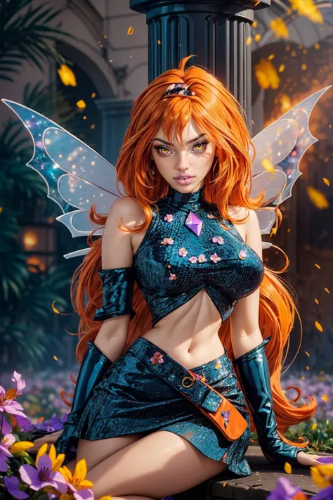 (ultra realistic,32k, masterpiece:1.2),(high detailed skin:1.1),( high quality:1.1),
<lora:WinxClubDarkBloom:0.8>Dark Bloom,panicking, orange hair, very long hair, yellow eyes, boots, black skirt, gloves, black shirt, wings, sparkling clothing, flower field, flowers,(fire flowers:1.1),sunshine, pollen, pollen particles, blurry background,, (huge breast,large breast:1.1),(looking at viewer, sitting:1.1),<lora:add_detail:0.89>,
(soft shaded neon light:1.1),