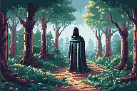 a pixel art of a person standing in the middle of a forest