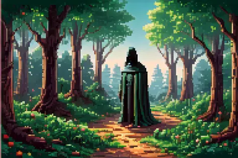 a pixel pixel art of a person standing in the middle of a forest