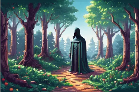 a painting of a person in a cloak standing in a forest