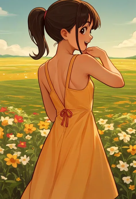 a cartoon girl in a yellow dress standing in a field of flowers