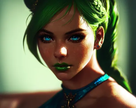 a close up of a woman with green hair and a green top