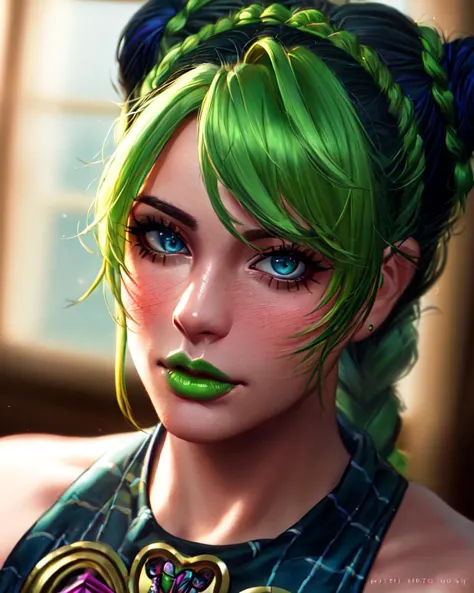 1girl, cowboy shot of beautiful (kujo_jolyne) sitting on couch, teasing, blush, parted lips, hair buns, braided_ponytail, green_lips, makeup, green_hair, two-tone_hair, medium breasts, realistic, best quality, masterpiece, film grain, (lens distortion:0.7), (chromatic aberration:0.7), blurry background

cowboy shot, contrapposto, looking at viewer, highres, superb, 8k wallpaper, extremely detailed, intricate, unreal engine 5, volumetric lighting, realistic, realistic lighting, cinematic, 4k, cinematic lighting, 8k, depth of field, 3d, masterpiece, perfect, award-winning, hyper-detailed, photorealistic, ultra realistic, realistic light, hard lighting, intricate details, stop motion, hyperfocus, tonemapping, sharp focus, hyper detailed, detailed eyes, eyes focus, (illustration:1.1), highres, (extremely detailed CG unity 8k wallpaper:1.1), (mid shot1.25), (portrait:1.25), (solo:1.2), 1girl, (beautiful face:1.15),

(nixeu_soft:0.7), (nixeu_white:0.7), <lora:jolyneCujoh_v1:0.6>