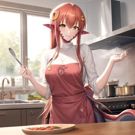 anime girl in apron holding a knife and a plate of food