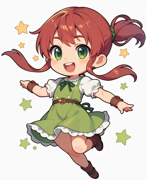 score_9, score_8_up, score_7_up, score_6_up, source anime, 1girl, solo, standing, (chibi:1.3), red hair, smile, jumping, dress, green eyes, happy, white background,