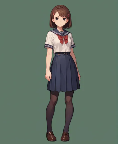 score_9, score_8_up, score_7_up, score_6_up, source anime, 1girl, solo, full body, straight-on, expressionless, brown hair, school uniform, medium breasts, black eyes, green background