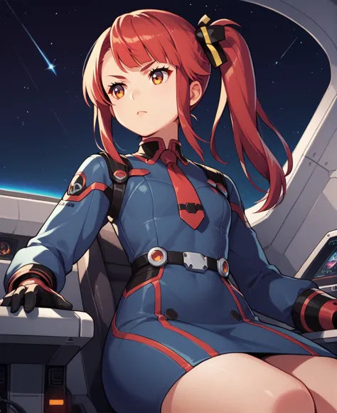 score_9, score_8_up, score_7_up, score_6_up, source anime, 1girl, solo, cockpit, spaceship, space, science fiction, dark background, piloting, cyberpunk, serious, (spacesuit:0.4), (military uniform:0.5), long sleeves, gloves, dress, sitting, side ponytail, red_hair, amber eyes, hair ribbon, tie, straight-on, from below, particles