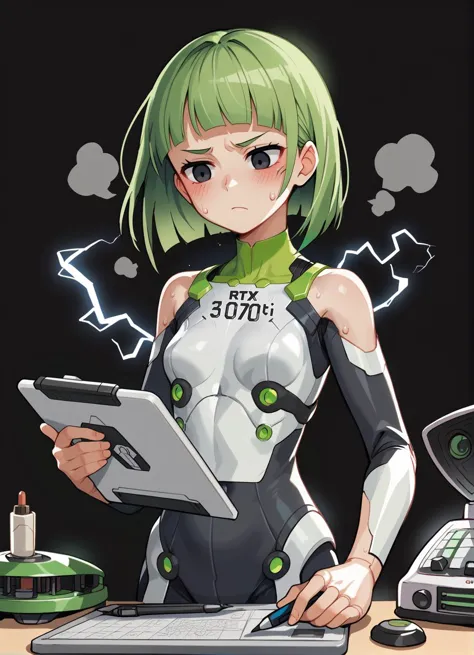 score_9,score_8_up,score_7_up,score_6_up,score_5_up,source anime BREAK
1girl, humanization, solo, (graphics card:1.2), gpu, (nvidia), mechanical parts, electronics, electricity, cyberpunk, chip, cowboy shot, green hair, black eyes, dark background, (big fan:1.3), ("RTX 3070" written) on armor, too hot, wind, painting \(action\), drawing, drawing tablet, serious, heat, sweat