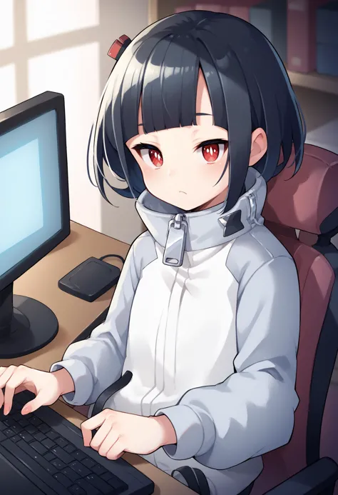 anime girl sitting at a desk with a computer and keyboard