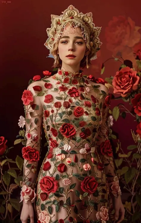 a woman in a dress with roses on it and a crown on her head