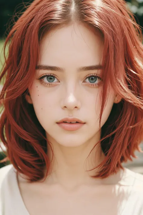 a woman with red hair and blue eyes looks at the camera