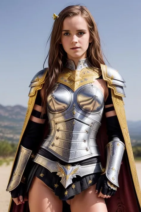 NSFW, celestial realm or an otherworldly setting in the background, (topless:1.4) (paladin warrior girl:1.1), emma watson, wearing (modern makeup:1.3), with a (thin waist:1.1) and a manic pixie dream girl aesthetic working as a human mannequin on display, silly, (mischievous grin:0.5), chestnut brown hair bright eyes, piercing gaze, gentle and warm illumination on her face, highlighting her serene expression and gentle features, girl stands tall and powerful, (small fake breasts:1.2), small_tits, naked, nipples visible, NSFW, (firm fake breasts:1.4), (short and  woman:1.1), adorned in a striking warrior paladin, armor is a gleaming blend of silver and gold, breastplate is crafted from polished silver, embellished with delicate engravings that depict celestial motifs and patterns accentuating her physique, golden pauldrons, armored gauntlets and greaves, adorned with intricate patterns and decorative motifs that mirror the celestial aesthetic, gleaming, (intricately detailed sword:1.2), film grain, soft and female face, intricate symmetrical perfect face, detailed midriff, (modern looking skater girl:1.4), grunge, (goth girl:1.32), hips, (leg armor:1.2), (skin blemishes:1.25), (freckles:0.35), shot with zeiss lens, photography, (skin texture:1.1), (Victorian era armor:1.1), (wearing cape:1.2), (white gloves:1.1)